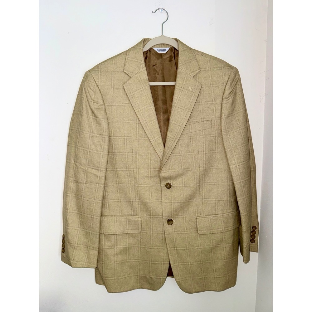 Joseph & Feiss Mens Tan Beige Windowpane Plaid Two Button Blazer Sport Coat
